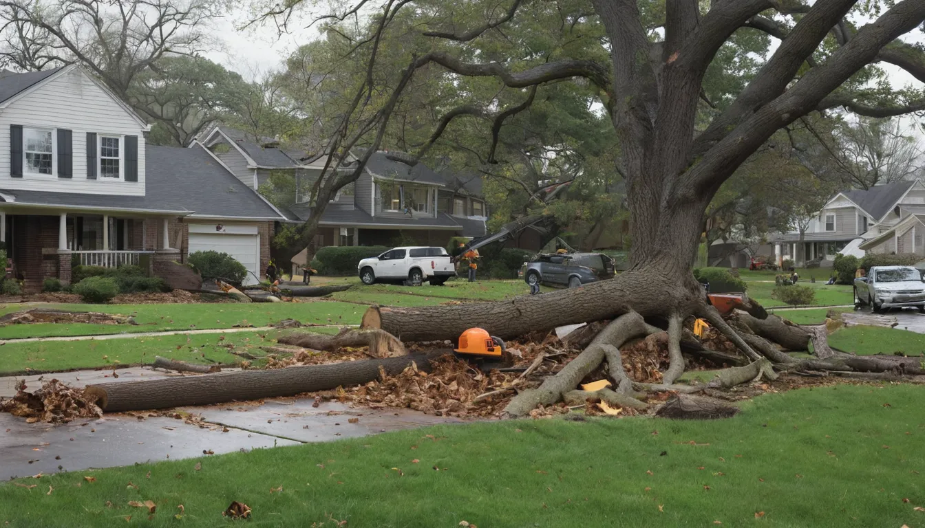 A provider's crew clearing a fallen tree from a home in Peachtree City after a storm