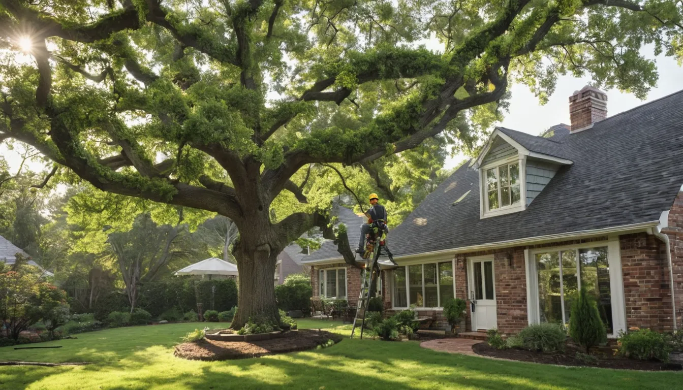 A tree provider working on a large backyard tree beside a house in Peachtree City