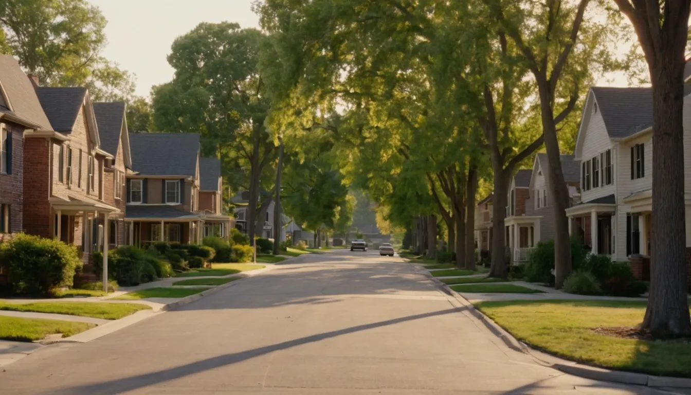 A residential street in the Peachtree City area lined with mature trees and older homes