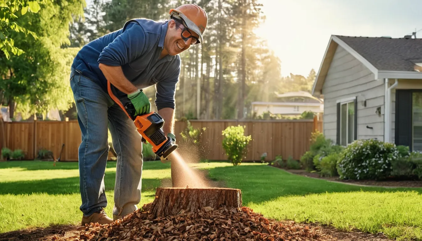 Provider grinding an old tree stump in a tidy residential backyard in Peachtree City