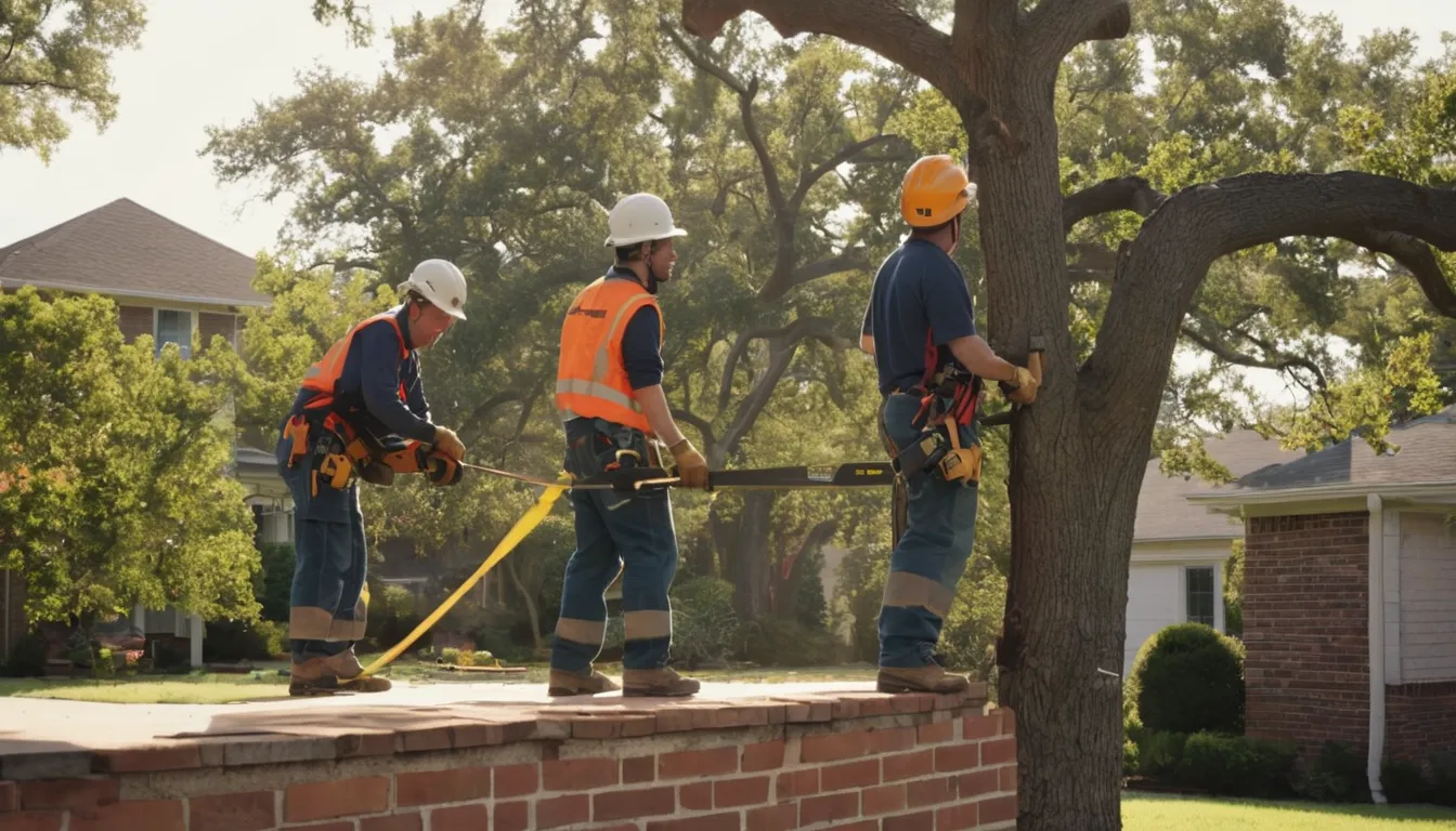 A friendly provider crew safely removing a large backyard tree near a brick house in Peachtree City
